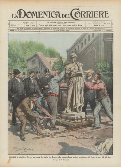 Levering til minister Rava og avreise fra Anzio til Roma av den fantastiske statuen kjøpt av? av Achille Beltrame