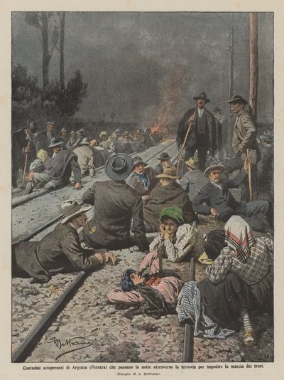Streikende bønder fra Argenta (Ferrara) som overnatter over jernbanen for? av Achille Beltrame