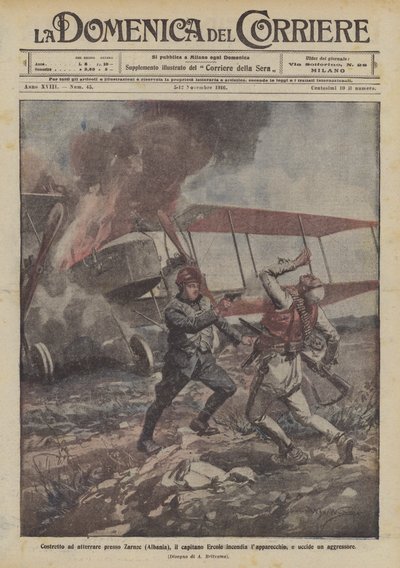 Tvunget til å lande nær Zarnec (Albania), setter kaptein Ercole fyr på flyet og dreper en angriper av Achille Beltrame