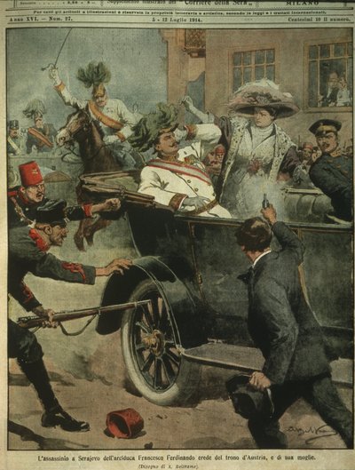 Omslagsillustrasjon av attentatet på erkehertug Franz Ferdinand av Østerrike, arving til den østerriksk-ungarske tronen, Sarajevo av Achille Beltrame