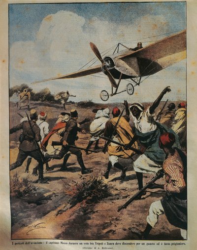 Forsideillustrasjon av kaptein Moizo som forsøkte en krasjlanding under den afrikanske kampanjen, av Achille Beltrame (1871-1945), fra La Domenica del Corriere, 22. september 1912 av Achille Beltrame