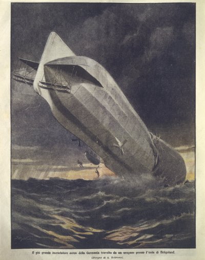 Forsideillustrasjon av en tysk krysser som ble revet med av orkanen nær Helgoland Island av Achille Beltrame