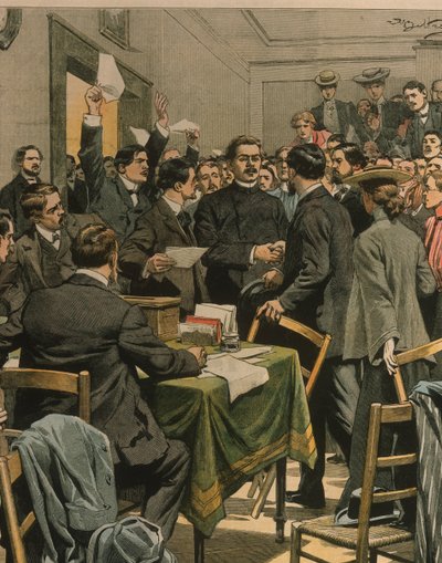 Forsideillustrasjon av Maxim Gorkys ankomst til russiske revolusjonære møte; London, England av Achille Beltrame