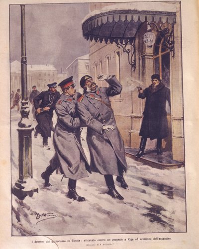 Forsideillustrasjon av terrorisme i det russiske imperiet; forsøk på generalens liv og død av overfallsmannen i Riga av Achille Beltrame