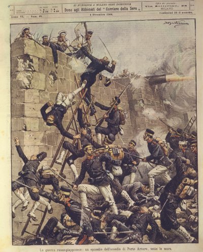 Omslagsillustrasjon av beleiringen av Port Arthur i Kina under den russisk-japanske krigen 1904-1905 av Achille Beltrame