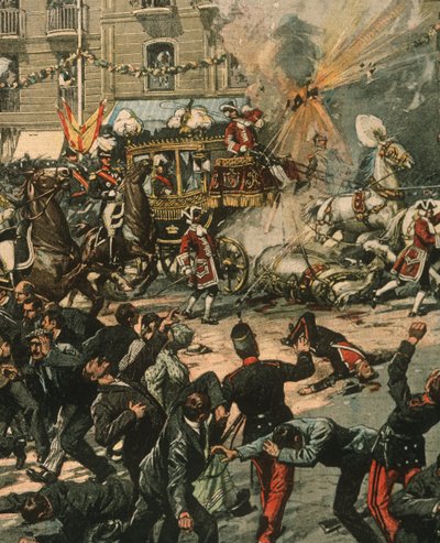 Forsideillustrasjon av attentatforsøk på kong Alfonso XIII på bryllupsdagen hans, 31. mai 1906, Madrid, Spania av Achille Beltrame