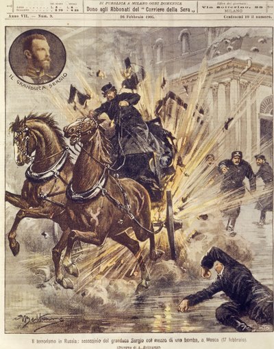 Forsideillustrasjon av attentatet på storhertug Sergei Alexandrovich Romanov av terrorbombe i Moskva, Russland av Achille Beltrame