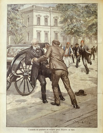 Forsideillustrasjon av attentatet på den greske statsministeren Delyannis; Athen, Hellas av Achille Beltrame
