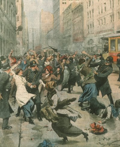 Forsideillustrasjon av kvinner som protesterer mot arbeidsledighet på gaten; New York, USA av Achille Beltrame