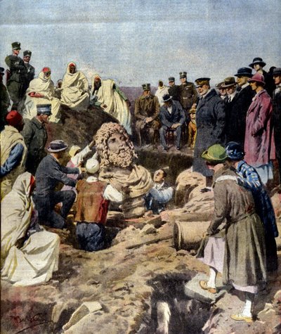 Oppdagelse av en byste av Jupiter ved Sabratha i Libya i 1925. illustrasjon av Achille Beltrame av Achille Beltrame