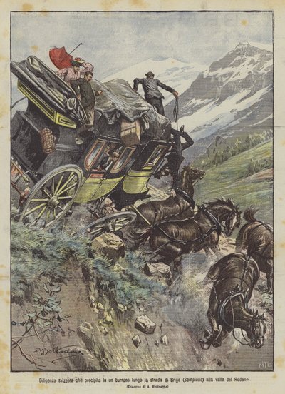 Sveitsisk diligens stuper ned i en kløft langs veien fra Brig (Simplon) til Rhône-dalen av Achille Beltrame