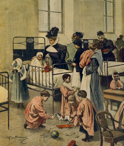 Utdeling av julegaver til fattige barn på sykehus, av Achille Beltrame, illustrasjon, Illustratør Achille Beltrame (1871-1945), fra La Domenica del Corriere, 23. november 1900 av Achille Beltrame