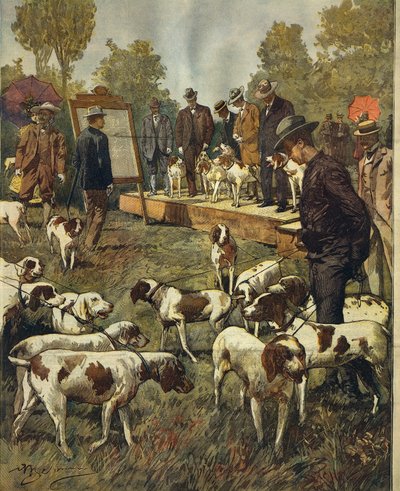 Hundeutstilling og feltforsøk med jakthunder i San Siro (Milano), av Achille Beltrame (1871-1945), fra La Domenica del Corriere, 2. juli 1899 av Achille Beltrame