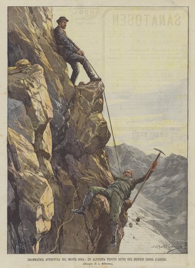 Dramatisk eventyr på Monte Rosa, en fjellklatrer holdt syv timer suspendert over avgrunnen av Achille Beltrame