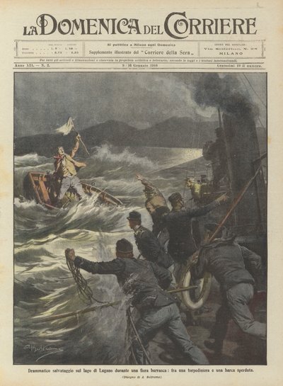 Dramatisk redning på Luganosjøen under en rimelig storm, mellom en torpedobåt og en tapt båt av Achille Beltrame