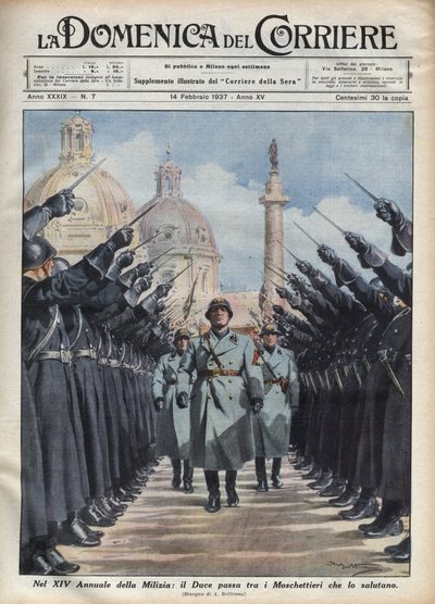 Hertug Benito Mussolini gjennomgår "musketerene" til den frivillige militsen for nasjonal sikkerhet i Roma. Illustrasjon av Achille Beltrame i "" The Sunday of the Courier "" 14/02/1937. av Achille Beltrame