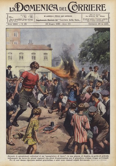 Under de fantastiske forestillingene til en ildsluker, på et torg i London? av Achille Beltrame