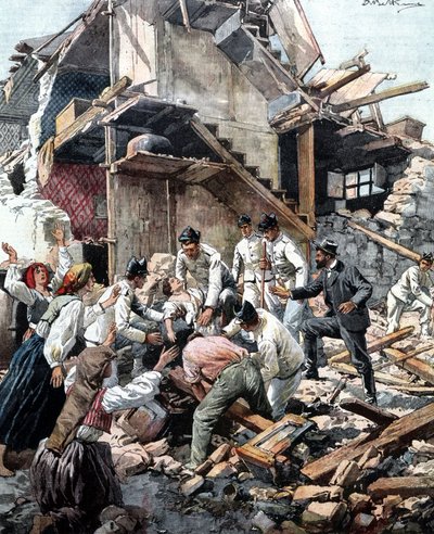 Jordskjelv i Reggio (Calabria) 28.12.1908. Soldater leter i ruinene etter ofrene for jordskjelvet. Illustrasjon av Beltrame. av Achille Beltrame