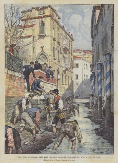 Effekter av det ekstraordinære lavvannet fra de forsvunne dagene som forlater kanalene i Venezia nesten uten vann av Achille Beltrame