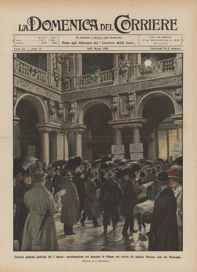 Generelle politiske valg av 7. mars, proklamasjon av varamedlemmer i Milano på gårdsplassen til? av Achille Beltrame