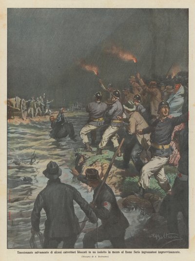 Spennende redning av noen vogntog som strandet på en holme midt i Serio-elven? av Achille Beltrame