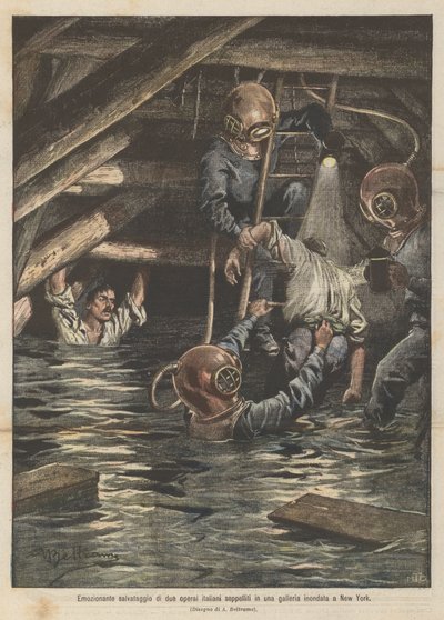 Spennende redning av to italienske arbeidere gravlagt i en oversvømmet tunnel i New York av Achille Beltrame