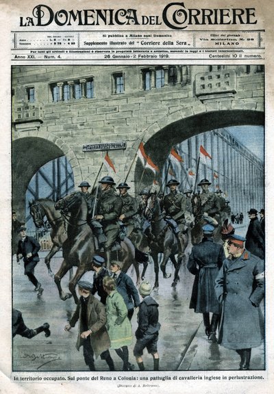 Engelsk tilstedeværelse i Tyskland: militære tropper på en Rhin-bro i Köln. Illustrasjon av Beltrame. La Domenica del Corriere. 01/1919. av Achille Beltrame