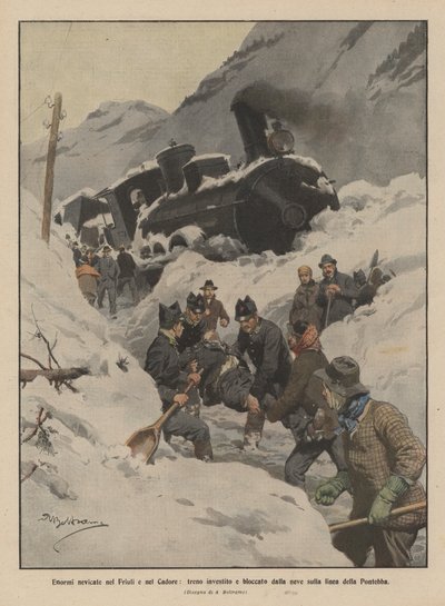 Store snøfall i Friuli og Cadore, tog påkjørt og blokkert av snøen på Pontebba-linjen av Achille Beltrame