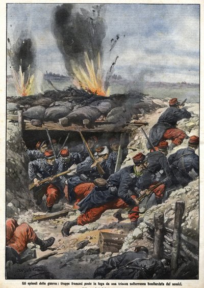 Episode av krigen i 1914: Franske tropper i skyttergravene blir bombet av fiender. “La Domenica del Corriere” av Achille Beltrame