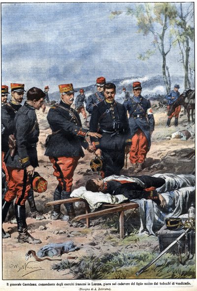 Episode av krigen i 1914: General Noel Edouard de Curieres de Castelnau (1851-1944), sjef for den franske hæren i Lorraine, sverger til liket av sin døde sønn for å hevne ham. Illustrasjon av Achille Beltrame i "" La Domenica del Corriere"" av Achille Beltrame