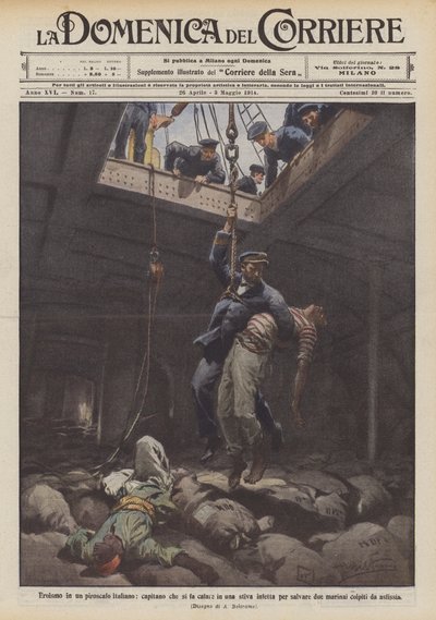 Heltemot i en italiensk dampbåt, en kaptein som lar seg senke ned i et infisert lasterom for å redde to? av Achille Beltrame