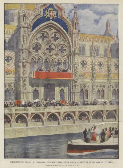 Paris-utstillingen, den første prosesjonen passerer, på Seinen, foran Italia-paviljongen av Achille Beltrame