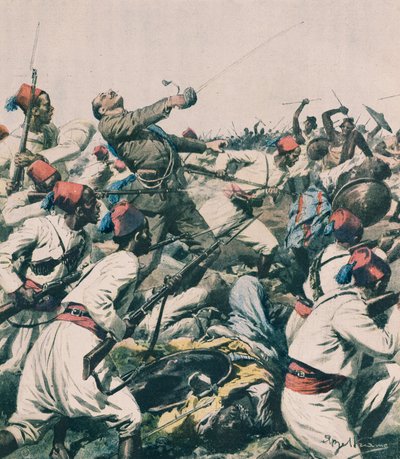 Etiopisk angrep på Lugh garnison og drap på kaptein Bongiovanni, av Achille Beltrame, illustrasjon, Achille Beltrame (1871-1945), fra La Domenica del Corriere av Achille Beltrame