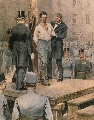 Henrettelse av Cesare Battisti i Trento, av Achille Beltrame, illustrasjon, illustratør Achille Beltrame (1871-1945), fra La Domenica del Corriere, juli 1916 av Achille Beltrame