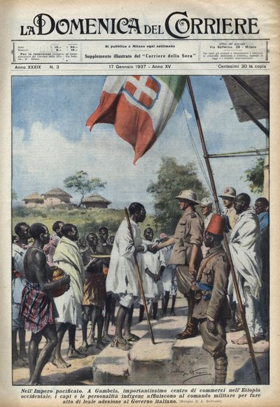 Fascisme 1937: Møter i Gambela, handelssenteret til det etiopiske riket, for urbefolkningshøvdinger og personligheter for å foreta en handling om tiltredelse til den italienske regjeringen. Illustrasjon av Achille Beltrame i "" La domenica del corriere"" 1 av Achille Beltrame
