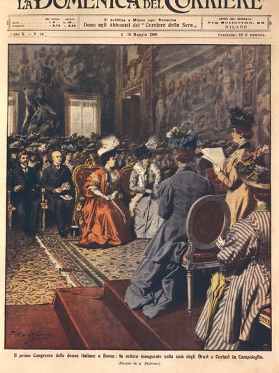 Første italienske kvinnekongress på Capitol, Roma, illustrasjon av Achille Beltrame fra La Domenica del Corriere, 3. mai av Achille Beltrame