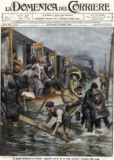 Floods in the around Paris in January 1910 cover of the “Domenica del corriere”” of February 6 av Achille Beltrame