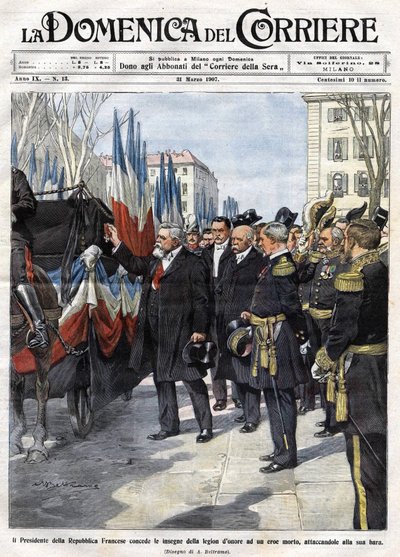Den franske presidenten Armand Fallieres (1841 - 1931) overrekker medaljen til Æreslegionen til en helt som døde i kamp. ill. de Beltrame. La Domenica del Corriere. 31.03.1907. av Achille Beltrame