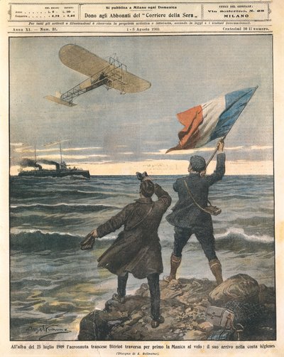 Den franske flygeren Louis Bleriot, første person som krysser Den engelske kanal, feiringer på den engelske kysten, 25. juli av Achille Beltrame