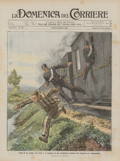 Flukt fra en eneboer fra toget og motet til to karabinierer kastet ut av vinduene for å nå ham av Achille Beltrame