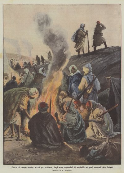 Bål i fiendens leir, tent for varme, av araberne kommandert på vakttjeneste i postene som rykket utover Tripoli av Achille Beltrame