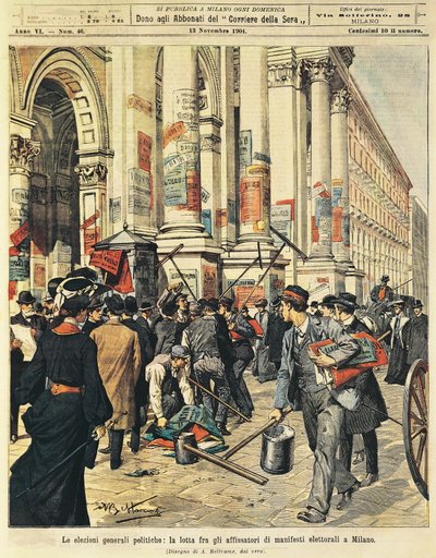 Stortingsvalg i Milano: konfrontasjoner mellom mennesker som henger politiske plakater i Milano, av Achille Beltrame (1871-1945), fra La Domenica del Corriere av Achille Beltrame