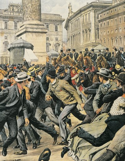 Generell arbeiderstreik i Roma, av Achille Beltrame, illustrasjon, illustratør Achille Beltrame (1871-1945), fra La Domenica del Corriere av Achille Beltrame