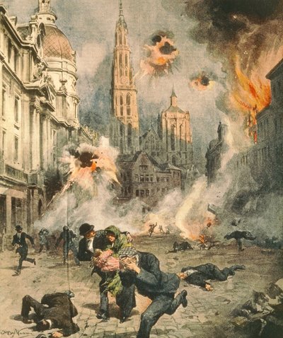 Tyskere som bomber og okkuperer Antwerpen, av Achille Beltrame (1871-1945), illustrasjon fra La Domenica del Corriere av Achille Beltrame