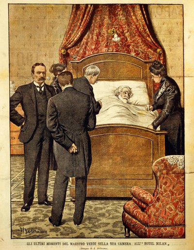 Giuseppe Verdi (1813-1901) døende, illustrasjon av Achille Beltrame (1871-1945). Italia, 1900-tallet. av Achille Beltrame