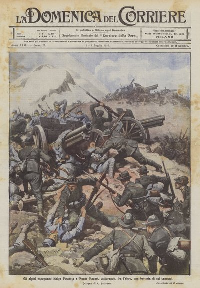 Alpintroppene stormer Malga Fossetta og Monte Magari og fanger blant annet et batteri på seks kanoner av Achille Beltrame
