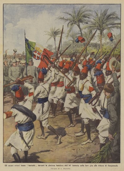 Fantaserer de eritreiske askariene foran det strålende flagget til det 84. infanteriet på deres utflukt? av Achille Beltrame