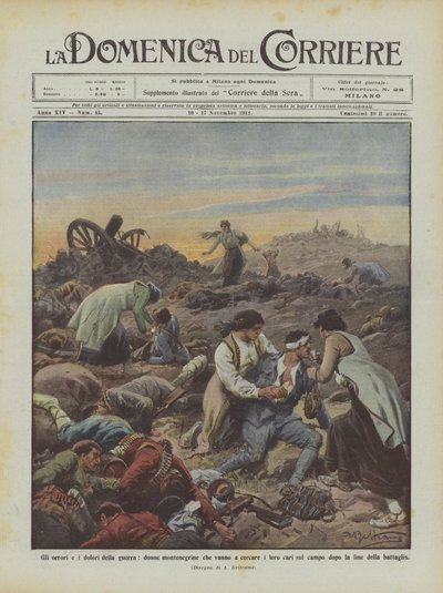 Krigens redsler og smerte, montenegrinske kvinner som drar for å lete etter sine kjære i felten? av Achille Beltrame