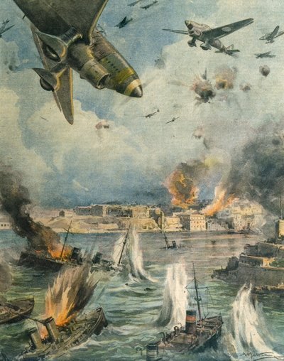 Great Axis luftoffensiv over Malta, av Achille Beltrame, illustrasjon, illustratør Achille Beltrame (1871-1945), fra La Domenica del Corriere, 25. januar 1942 av Achille Beltrame