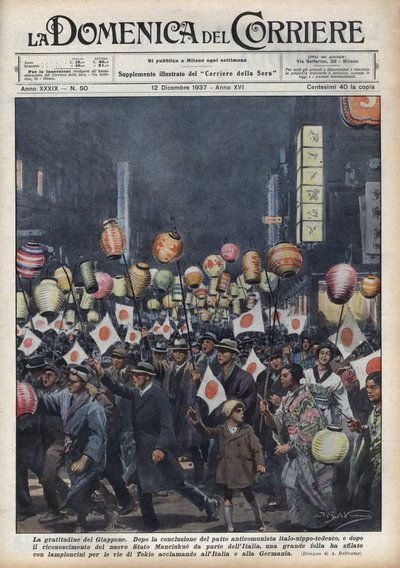 Stor urenhet av Tokyo-innbyggere for å hylle Italia og Tyskland etter anerkjennelsen av den nye Manchukuo-staten (Manchukuo eller Manzhouguo) Illustrasjon av Achille Beltrame i "La domenica del corriere""" av 12/12/1937 av Achille Beltrame
